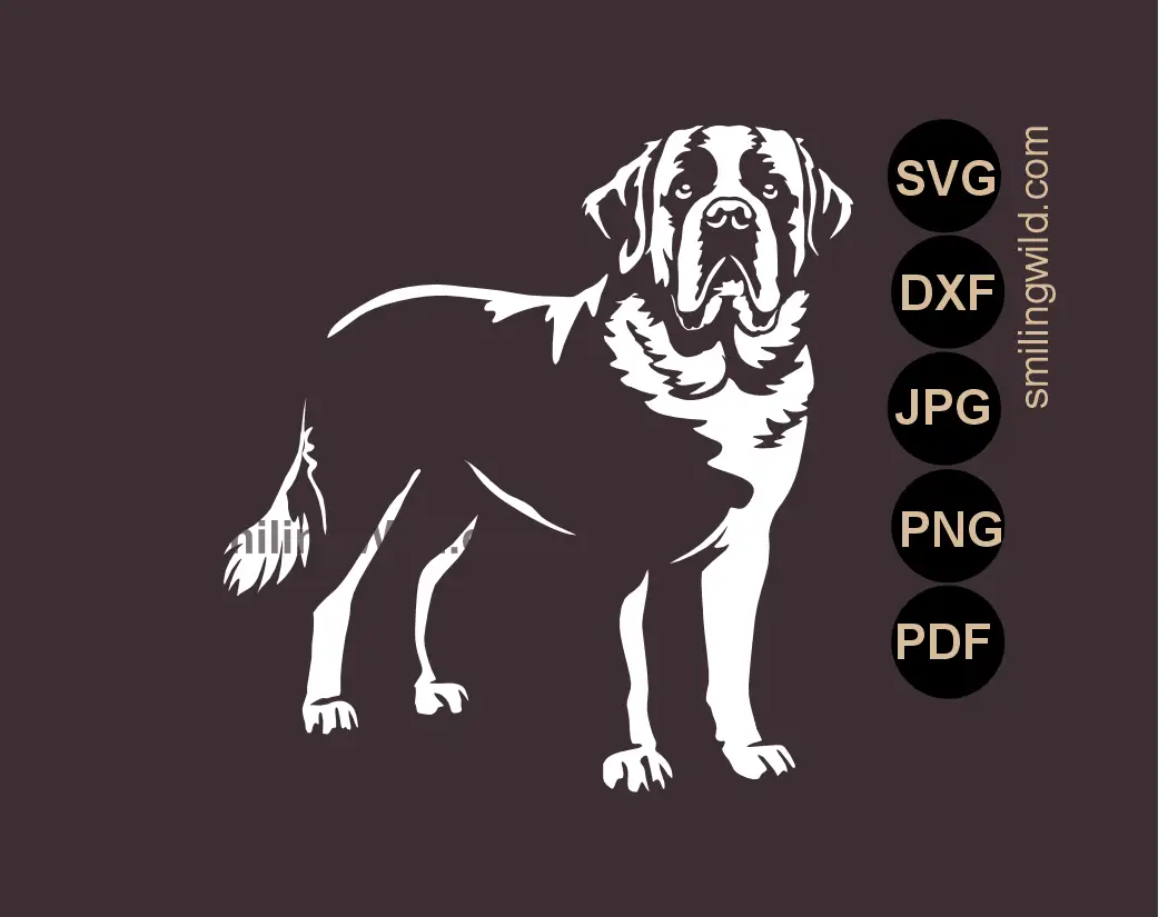 White Saint Bernard dog SVG file presenting Full Body dog clipart vector art for dark surfaces.