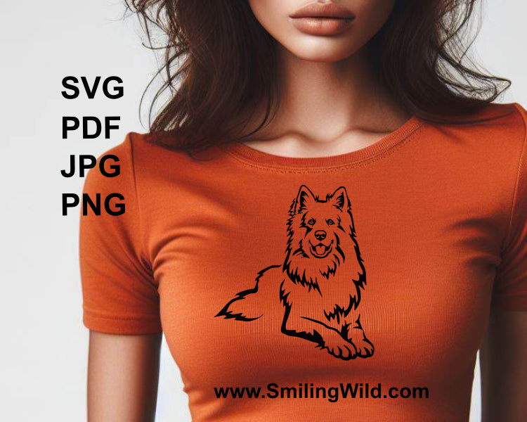 Smiling white swiss shepherd printed on a t shirt