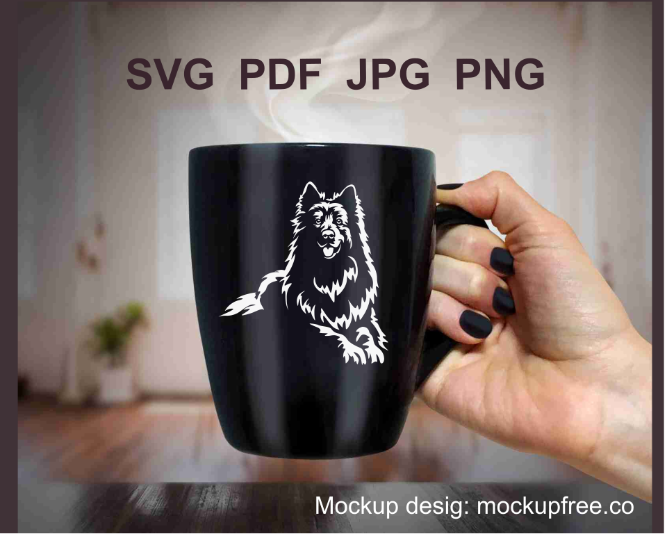 white swiss shepherd printed in vector style on a black coffy mug