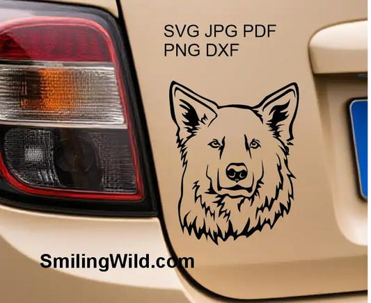 A car sticker of a White Swiss Shepherd dog DXF PNG digital clipart frontal face design for crafts, vinyl decals, and engraving