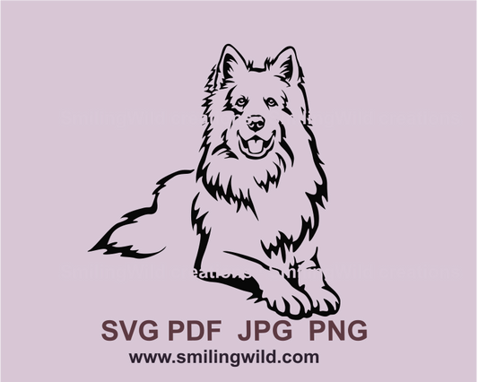 lying and smiling white swiss shepherd made in black clolor graphic for clip art needs