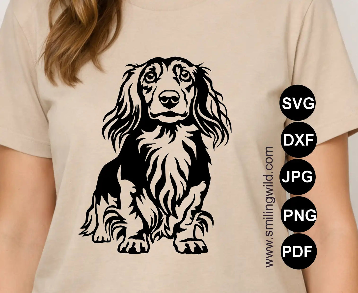 Long haired wiener dog dxf clipart design shown as a standing dog t-shirt decal