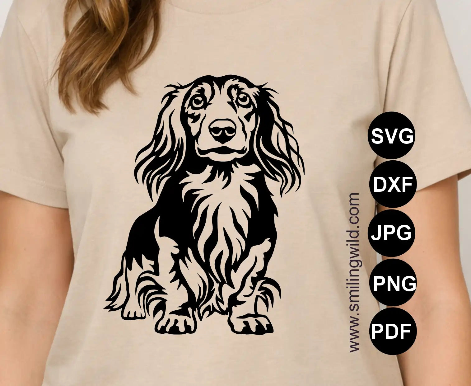 Long haired wiener dog dxf clipart design shown as a standing dog t-shirt decal