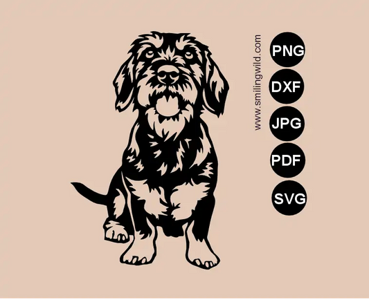 wiener dog svg vector graphic drawing showing a sitting single-piece wirehaired dachshundfile for metal and wood signs