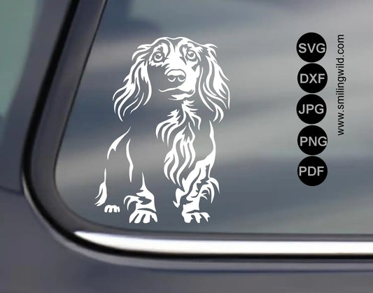Realistic white detailed clip art of a long haired wiener dog in SVG, png and dxf graphic file set for laser and CNC