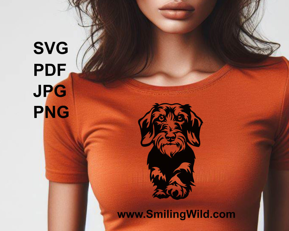 wirehaired dachshund digital design for t shirt applications shown on a orange fabric