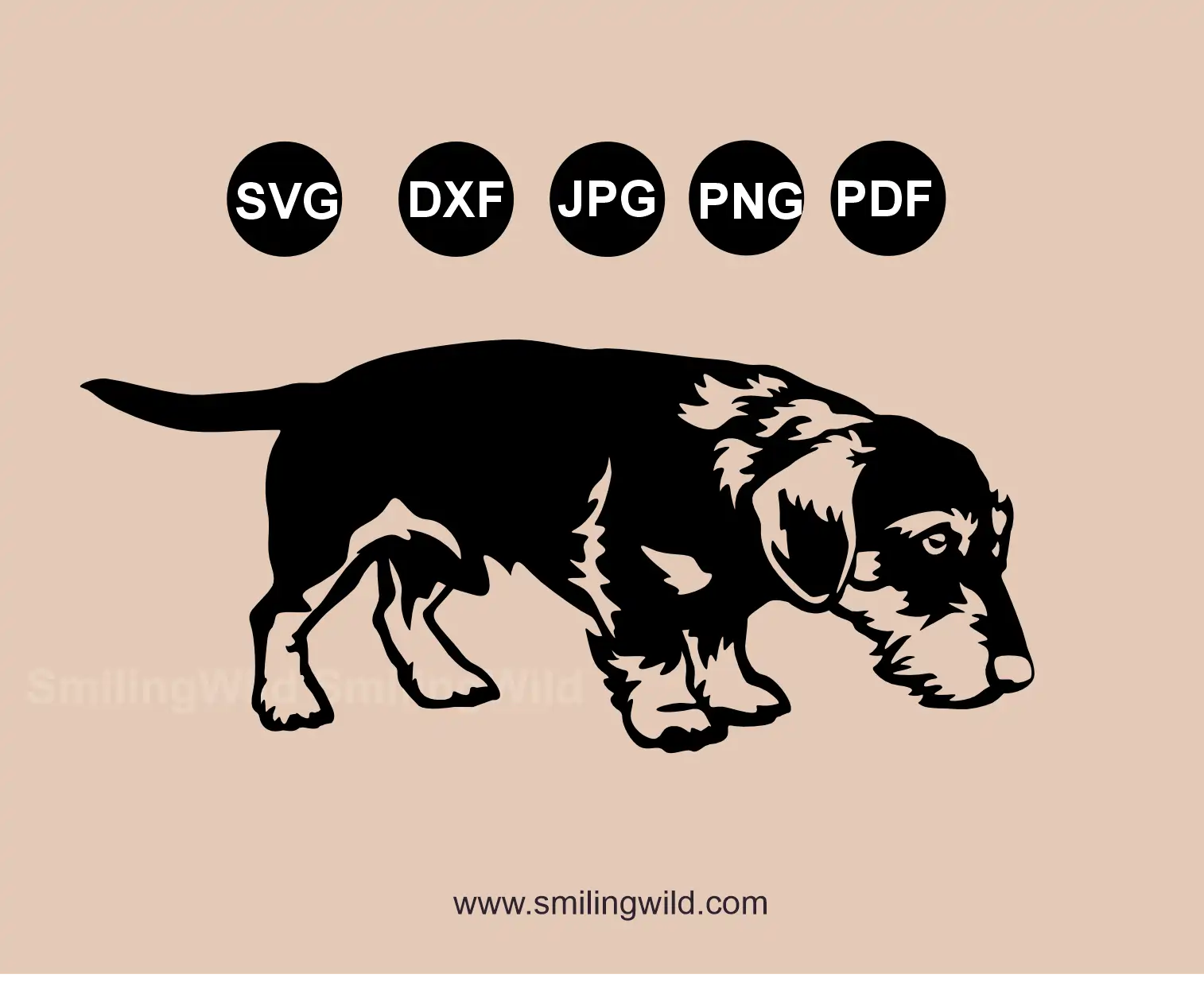 Wirehaired Dachshund Dog SVG, PNG, DXF scent tracking clipart for metal art presenting a full body hunting dog clipart