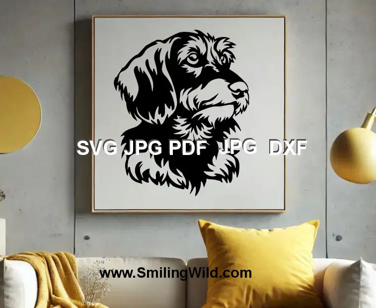 Wirehaired Dachshund black clipart – SVG & dxf file for laser cutting and custom decals sapled on a preview image od a wall poster.