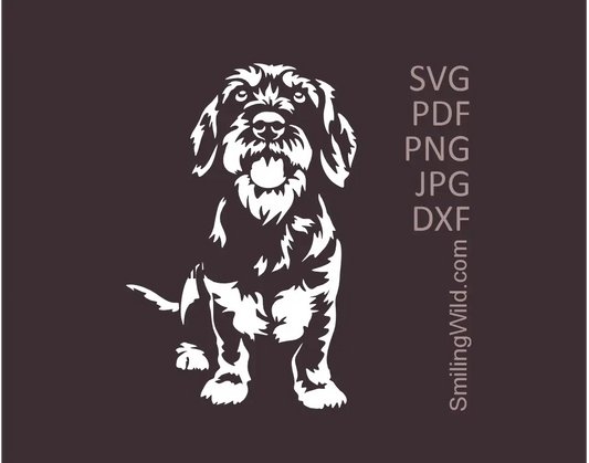 Preview of a sitting Wirehaired Dachshund white vector cut file SVG showing a detailed dog drawing in frontal view on a dark background.