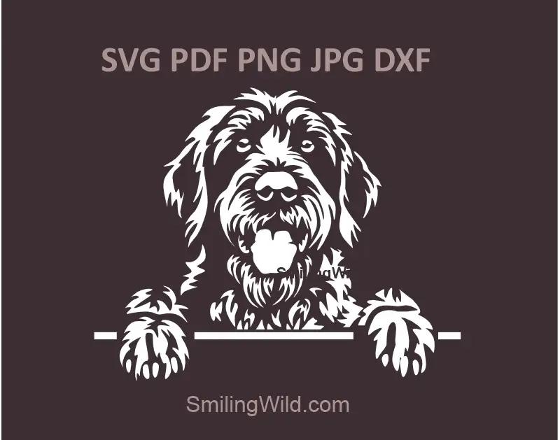Wirehaired Pointing Griffon SVG, png and dxf files for a Peeking Dog White Clipart. High-contrast design optimized for dark materials and Cricut cutting