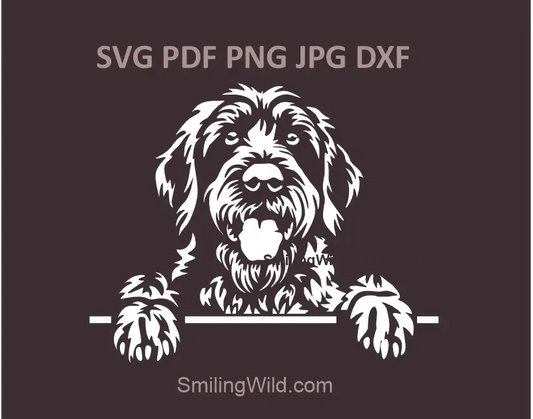 Wirehaired Pointing Griffon SVG, png and dxf files for a Peeking Dog White Clipart. High-contrast design optimized for dark materials and Cricut cutting