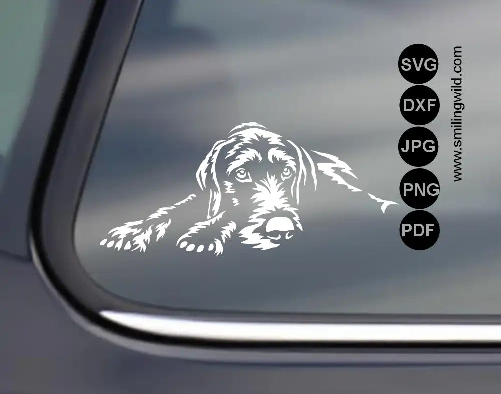German Wirehaired Pointer white vector SVG and PNG cut file vinyl decal mockup display on a dark rear car window glass