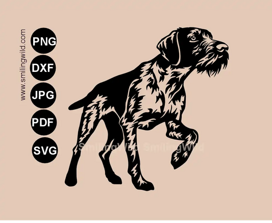 German Wirehaired Pointer SVG  and DXF vector graphic in full body, showing a hunting dog cut file in a pointing position.