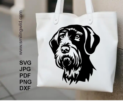 A white tote bag with application of a German Wirehaired Pointer face  graphic in SVG PNG DXF – Cricut-friendly dog face file for crafting