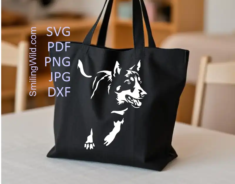 White working dog tote bag design of a Kelpie in herding position made of vector art in SVG PNG DXF for crafting machines