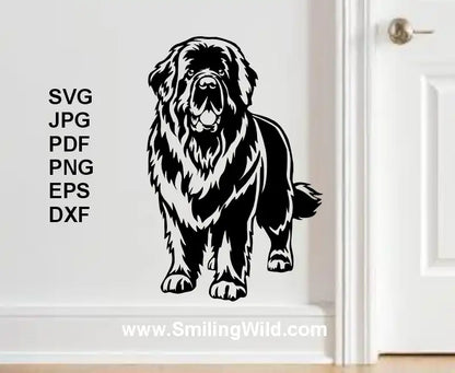 Black Newfoundland dog illustration in vinyl sticker on a white wall with file format options - svg png dxf clipart.
