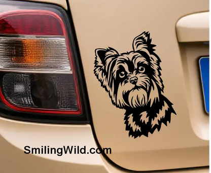 Yorkie black SVG, peeking head displayed on a car decal mocup for laser-cut dog decor