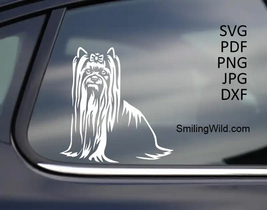 a car decal of Yorkie dog white vector graphic design in SVG and other vector cut files for Cricut design and engraving projects