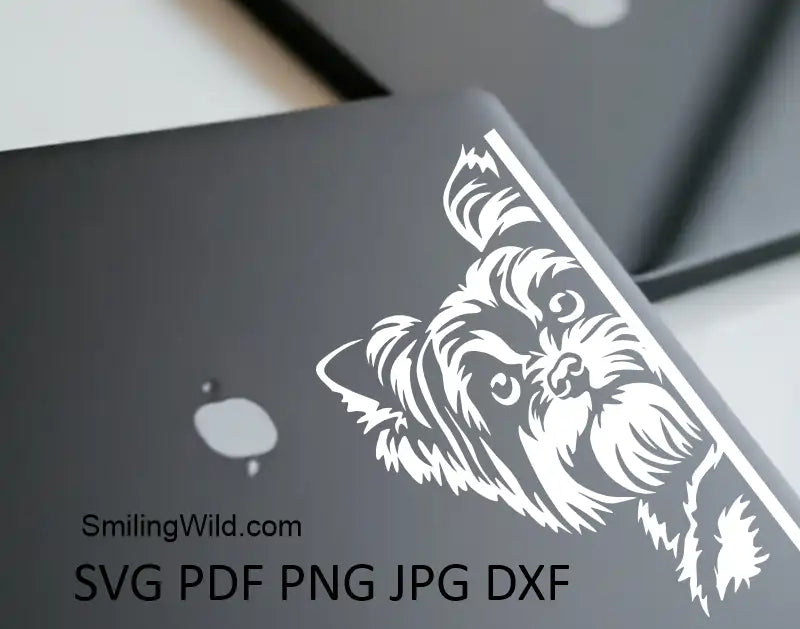 A laptop design representing a corner peeking cute Yorkshire terrier svg and png vector graphic clipart
